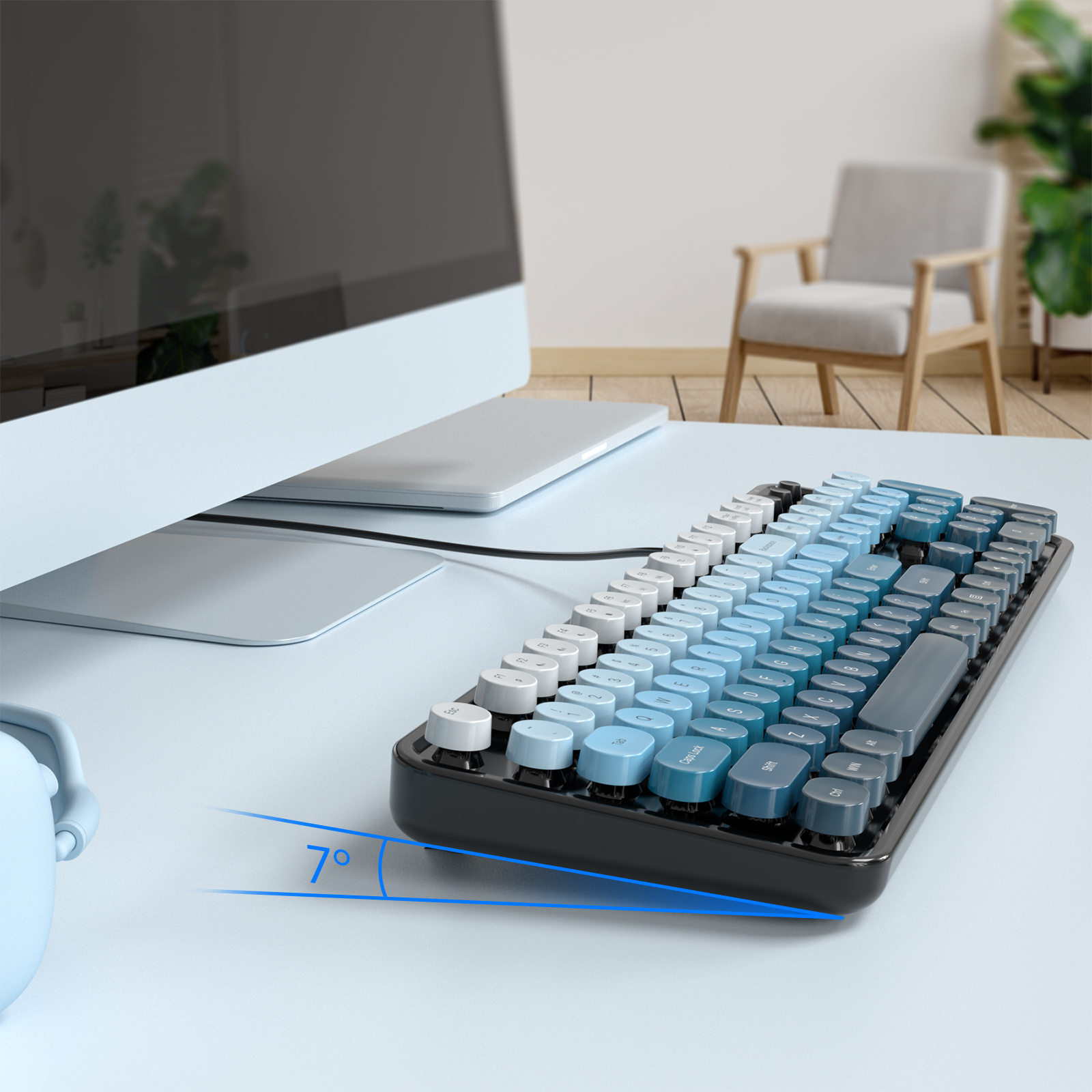 Retro Full-Size Wired Keyboard Ergonomic Black Blue - Image 8