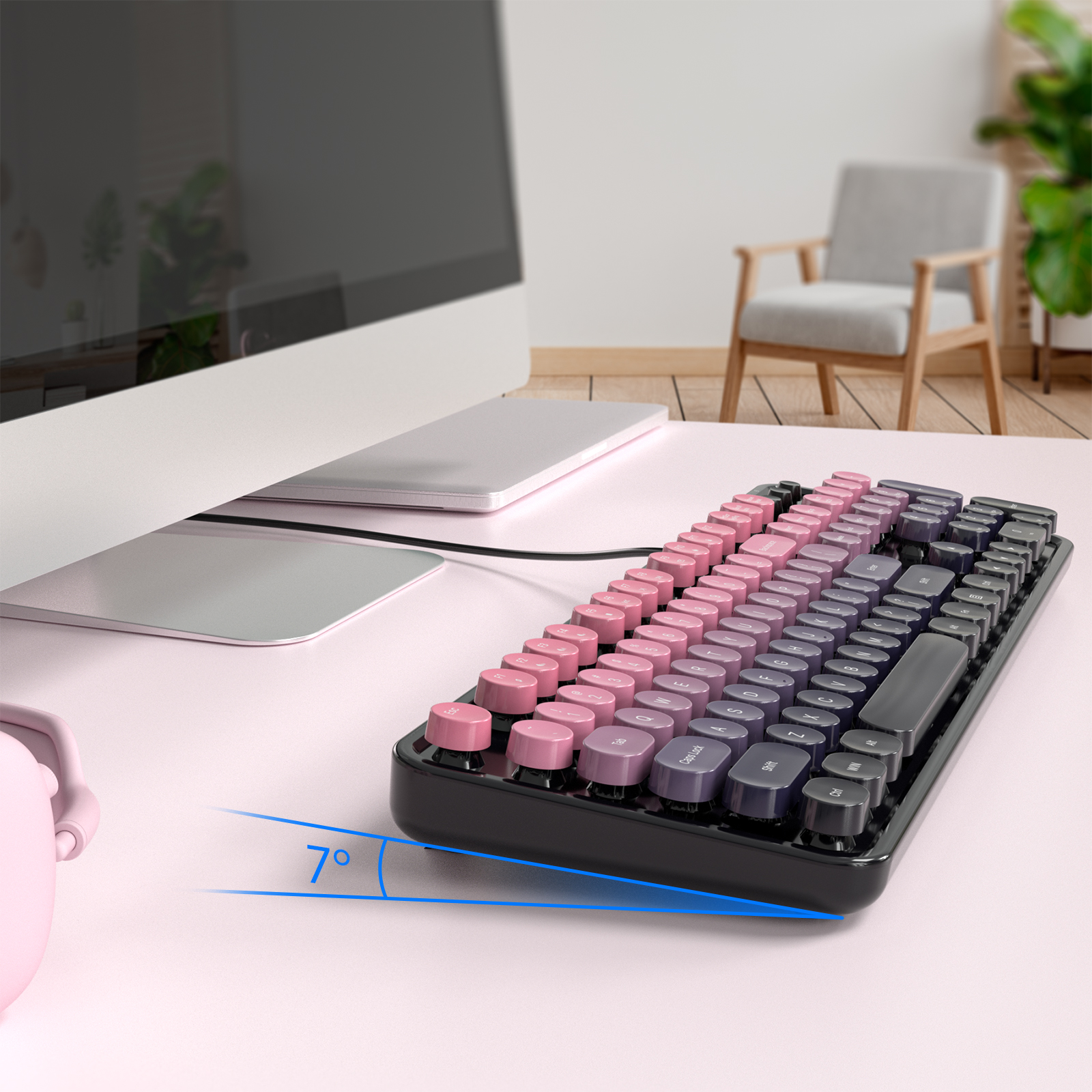 Retro Full-Size Wired Keyboard Ergonomic Plum Pink - Image 8