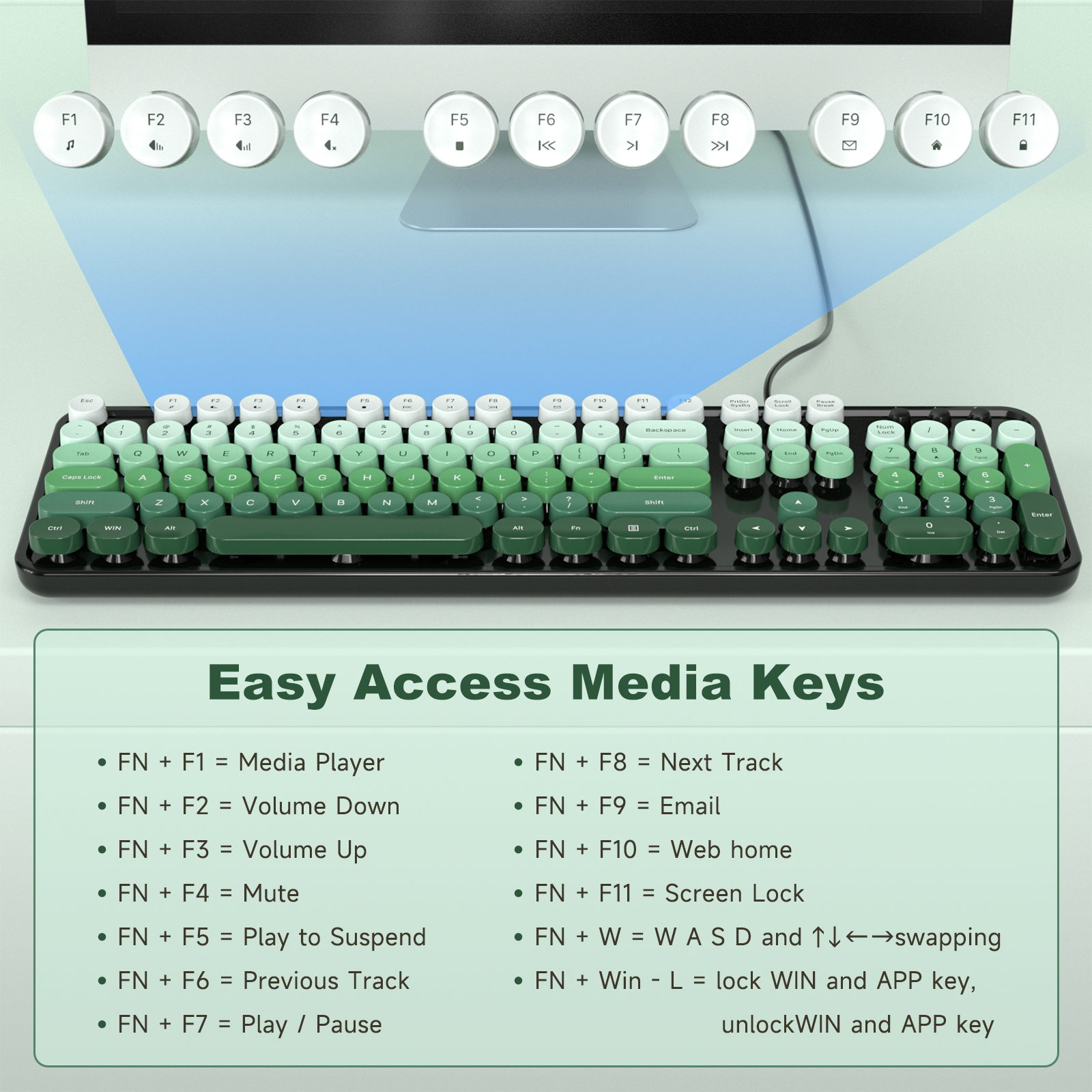 Retro Full-Size Wired Ergonomic Keyboard Black & Green - Image 9