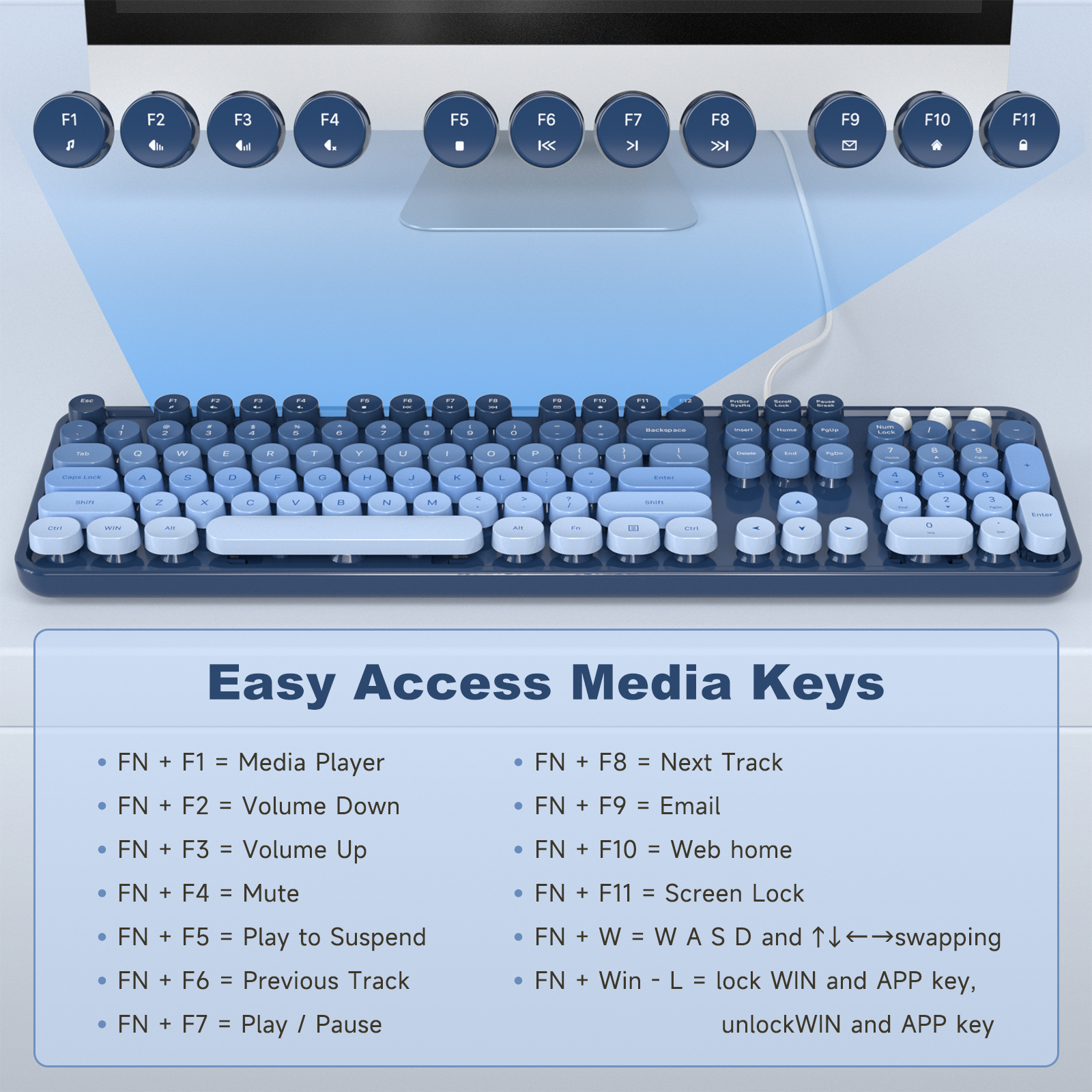 Sea Salt Retro Full-Size Wired Ergonomic Keyboard - Image 9