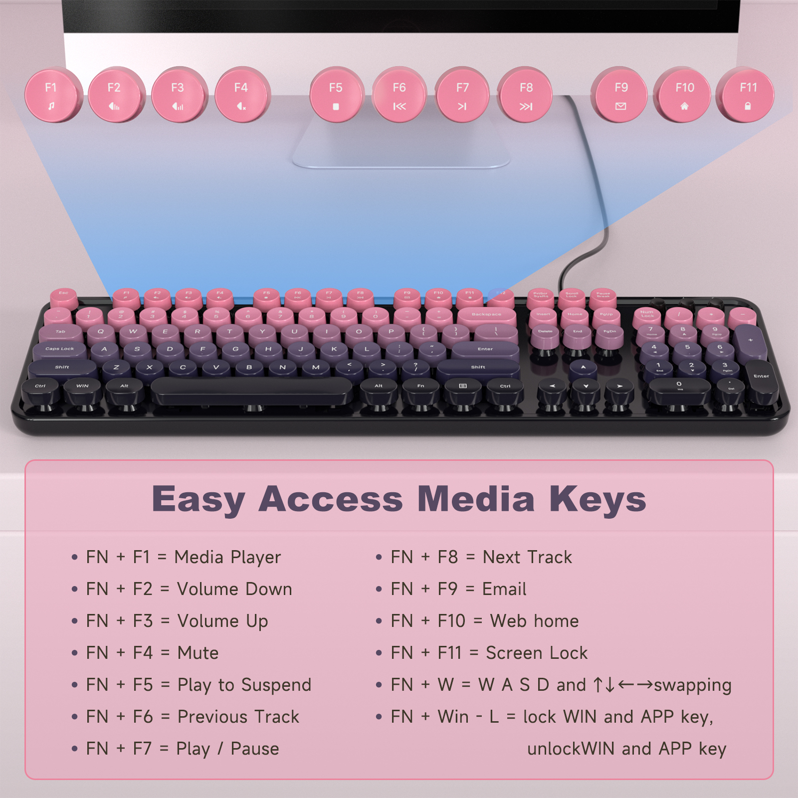 Retro Full-Size Wired Keyboard Ergonomic Plum Pink - Image 9