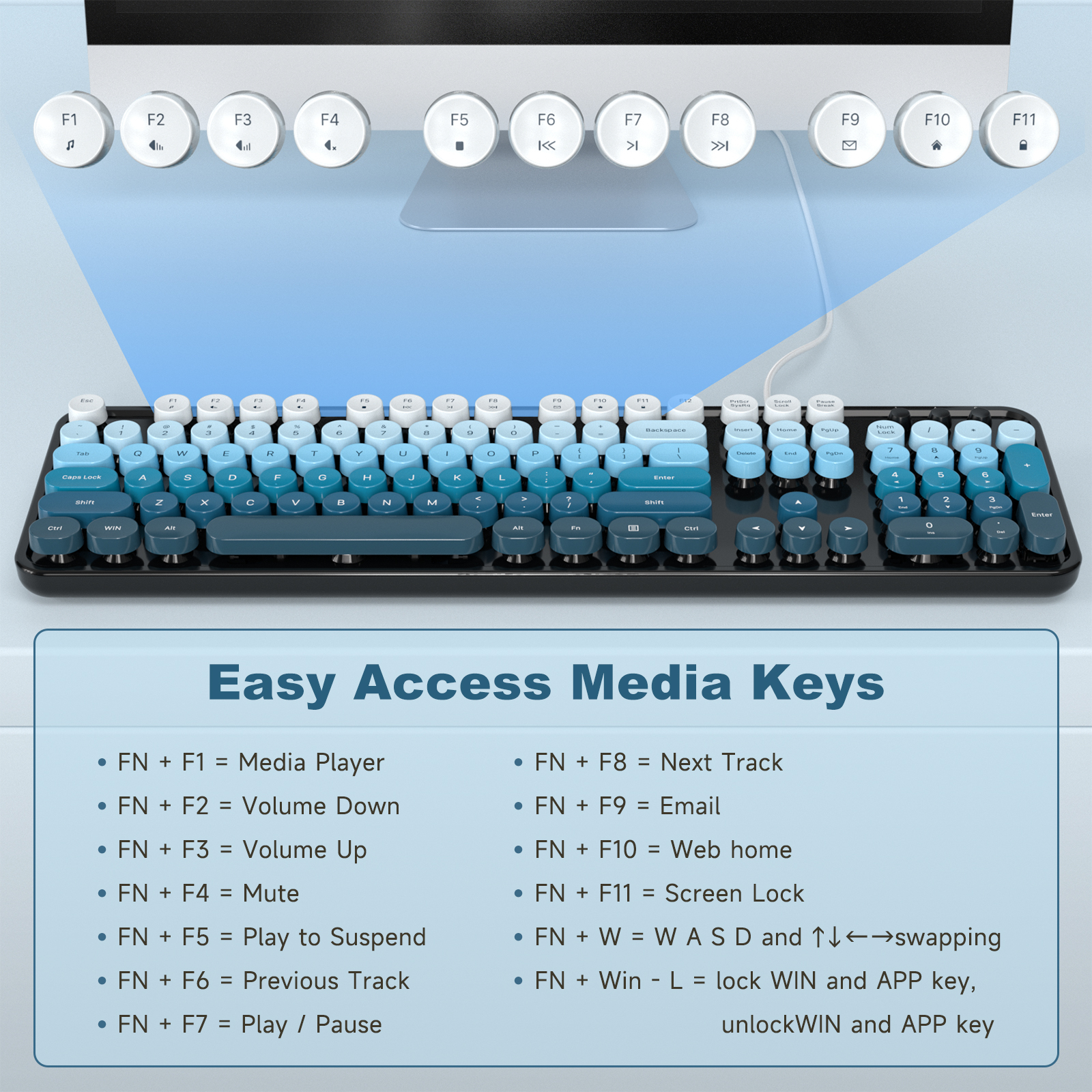 Retro Full-Size Wired Keyboard Ergonomic Black Blue - Image 9